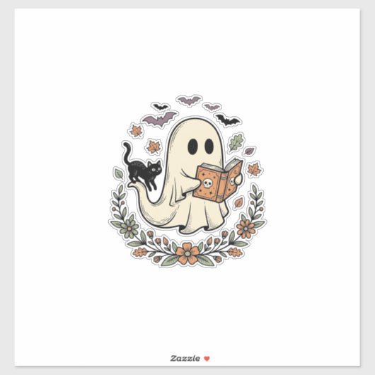 Sticker Conception de vecteur floral Halloween Chat fantôm (Feuille)
