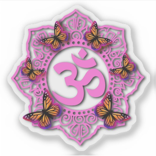 Sticker Conception mandala ohm rose avec papillons Monarch (Devant)