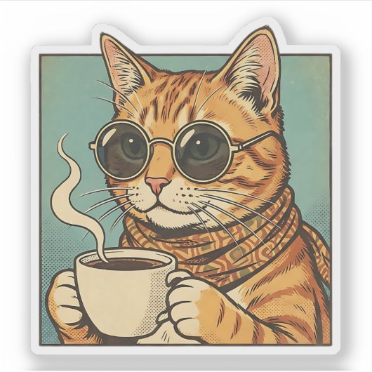 Sticker Cool Cat Coffee Retro Style Design for Cat Lovers (Devant)