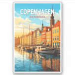 Sticker Copenhague Danemark Travel Art Vintage<br><div class="desc">Design de transport vectoriel rétro de Copenhague. Copenhague,  capitale du Danemark,  se trouve sur les îles côtières de Seeland et Amager. Il est relié à Malmo dans le sud de la Suède par le pont Öresund.</div>