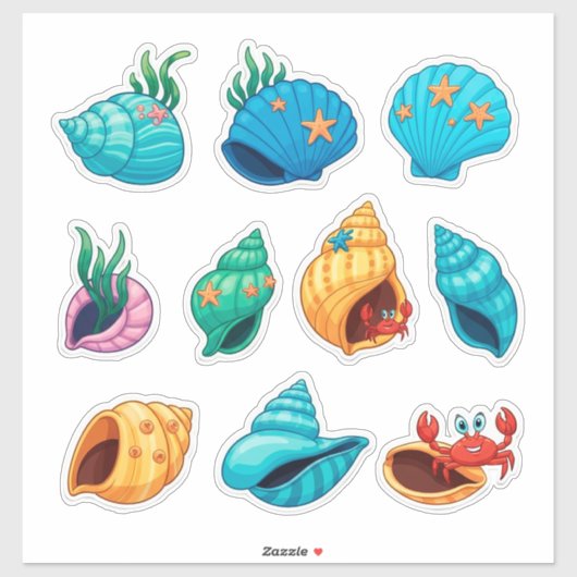 Sticker Coquillages colorés et créatures océaniques (Feuille)