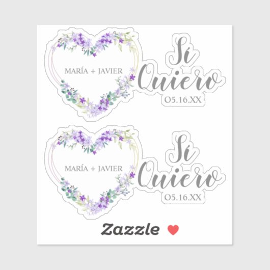Sticker Corazón Flores Sí Quiero Español para Boda (Feuille)