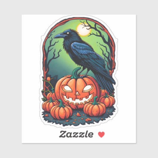 Sticker Corbeau d'Halloween dans un Patch Citrouille (Feuille)
