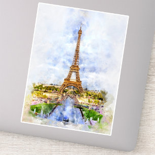 Sticker Coucher de soleil Tour Eiffel Paris Aquarelle fran