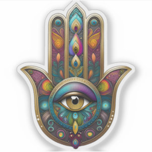 Sticker Couleurs de paon Hamsa avec troisième œil en or