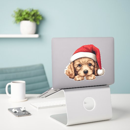 Sticker coupe-baise de caniche de Noël festif (Ordinateur portable sur le bureau)