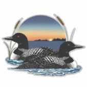 Sticker Couple de huards coucher de soleil bleu lac faune (Devant)