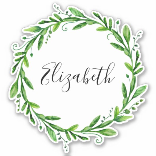 Sticker Couronne vert aquarelle. Nom botanique d'été (Devant)