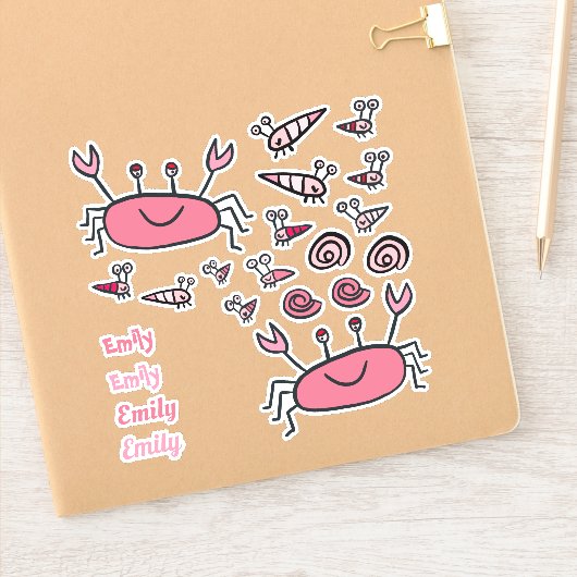 Sticker Crabe rose mignon Animaux de la mer Nom de la fill (Carnet)