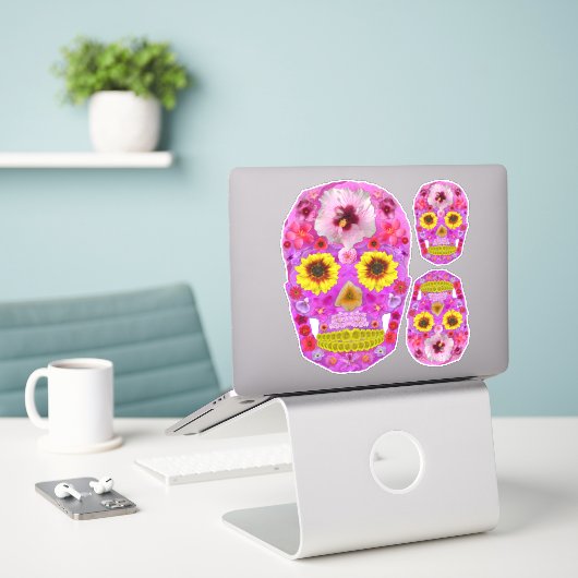Sticker Crâne à fleurs 7 (Ordinateur portable sur le bureau)