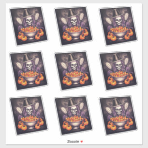 Sticker Crâne chapeau noir toile d'araignée citrouilles gr