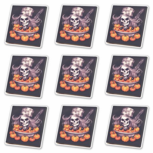 Sticker Crâne dans un bol citrouille cheveux gris long (Devant)