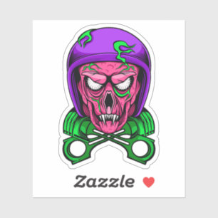 Sticker Crâne de motard zombie néon avec pistons croisés