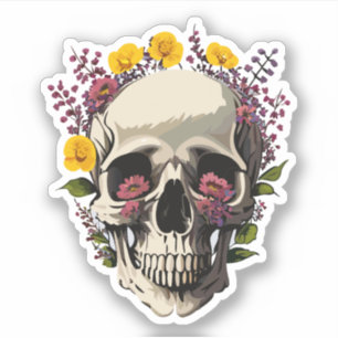 Sticker Crâne décoré de fleurs dessins colorés