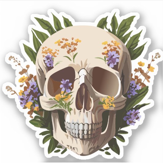 Sticker Crâne Décoré de Fleurs Dessins Colorés (Devant)