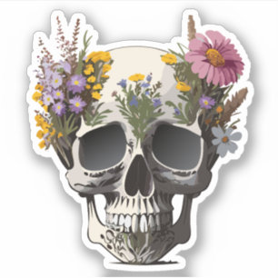 Sticker Crâne Décoré de Fleurs Dessins Colorés