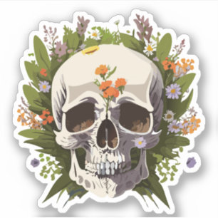 Sticker Crâne Décoré de Fleurs Dessins Colorés