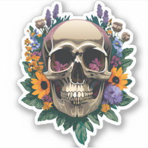 Sticker Crâne Décoré de Fleurs Dessins Colorés