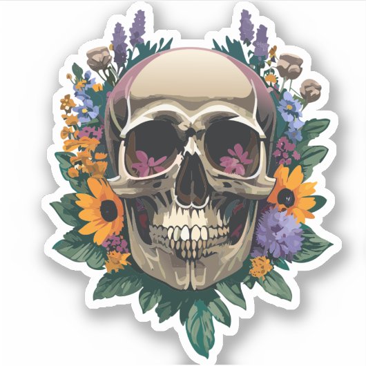Sticker Crâne Décoré de Fleurs Dessins Colorés (Devant)