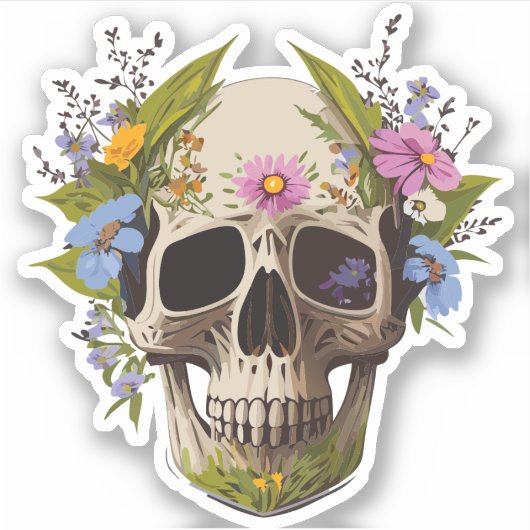 Sticker Crâne Décoré de Fleurs Dessins Colorés (Devant)