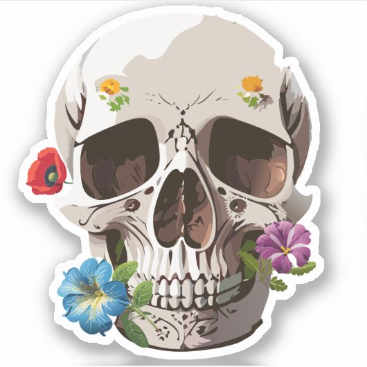 Sticker Crâne Décoré de Fleurs Dessins Colorés (Devant)