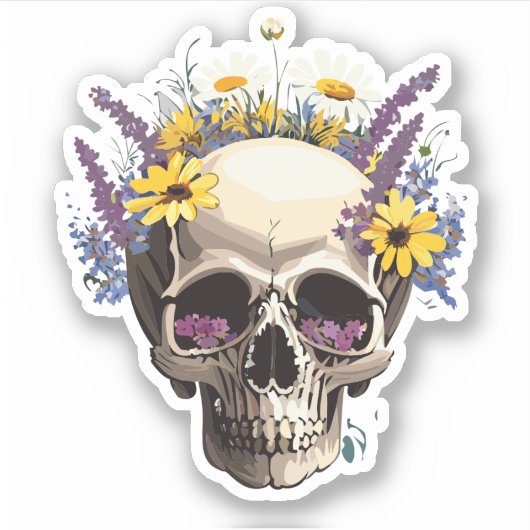 Sticker Crâne Décoré de Fleurs Dessins Colorés (Devant)