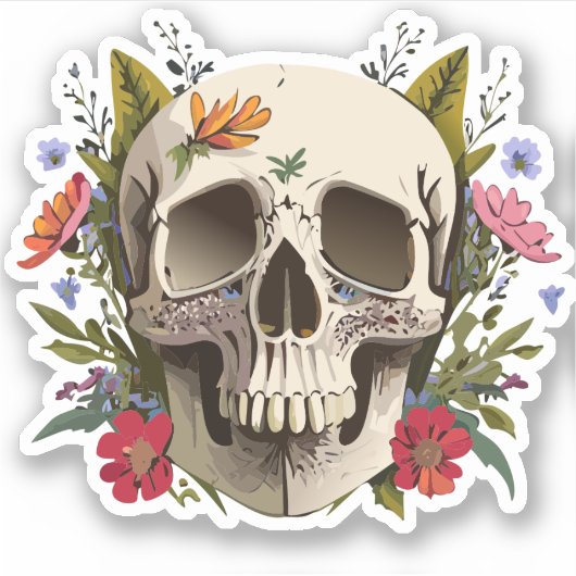 Sticker Crâne Décoré de Fleurs Dessins Colorés (Devant)