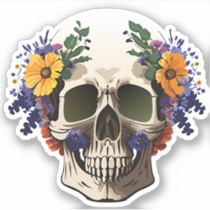 Sticker Crâne décoré de fleurs dessins colorés