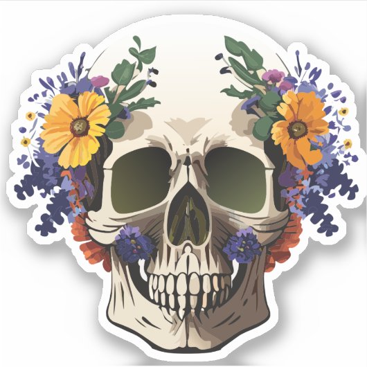 Sticker Crâne décoré de fleurs dessins colorés (Devant)