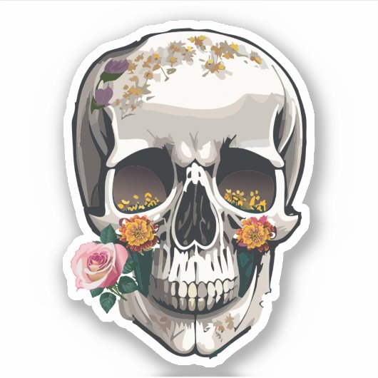 Sticker Crâne Décoré de Fleurs Dessins Colorés (Devant)