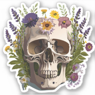 Sticker Crâne Décoré de Fleurs Dessins Colorés