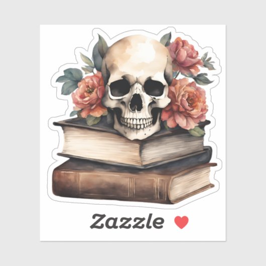 Sticker Crâne gothique avec livres et fleurs étanche (Feuille)