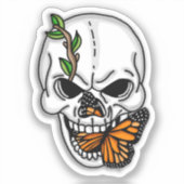 Sticker Crâne noir et blanc avec papillon monarque (Recto)