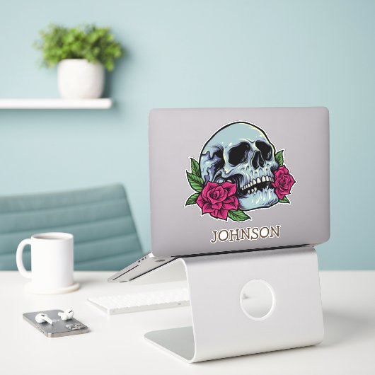 Sticker Crâne Roses rouges Moderne gothique (Ordinateur portable sur le bureau)
