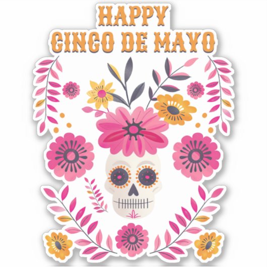 Sticker Crâne sucre Fleurs mexicaines Joyeux Cinco de Mayo (Devant)
