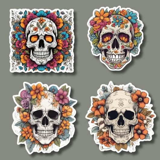 Sticker Crânes gothiques avec ensemble de fleurs