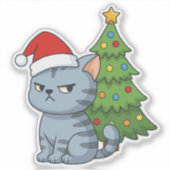 Sticker Cranky Grey Tabby Cat Red Hat Christmas Tree (Devant)