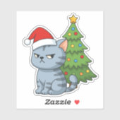 Sticker Cranky Grey Tabby Cat Red Hat Christmas Tree (Feuille)