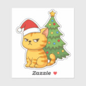 Sticker Cranky Orange Tabby Cat Red Hat Christmas Tree (Feuille)