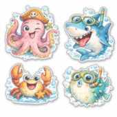 Sticker Créatures Océaniques Kawaii Mignonnes (Devant)