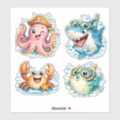 Sticker Créatures Océaniques Kawaii Mignonnes (Feuille)