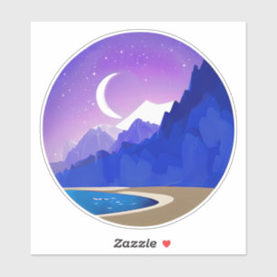 Sticker Crescent Moon, Lac et Montagnes en Violet & Bleu