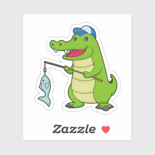 Sticker Crocodile Pêche Pêcheur Pêcheur canne à pêche (Feuille)