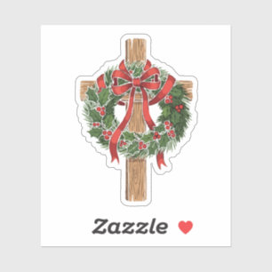 Sticker Croix en bois de Noël chrétienne avec couronne de