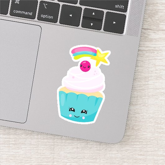 Sticker Cupcake bleu mignon avec visage Kawaii (Détail)