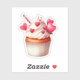 Sticker Cupcake Rose Et Rouge Avec Coeurs Et Fleurs