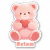 Sticker Custom Name Watercolor Pink Teddy Bear Heart (Devant)
