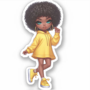 Sticker Cute afro chibi noir fille/ jaune