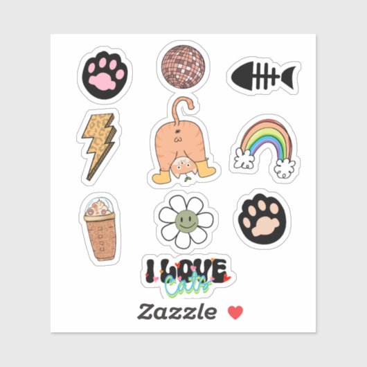 Sticker Cute amusant chat Paw Poisson Rainbow Pack (Feuille)