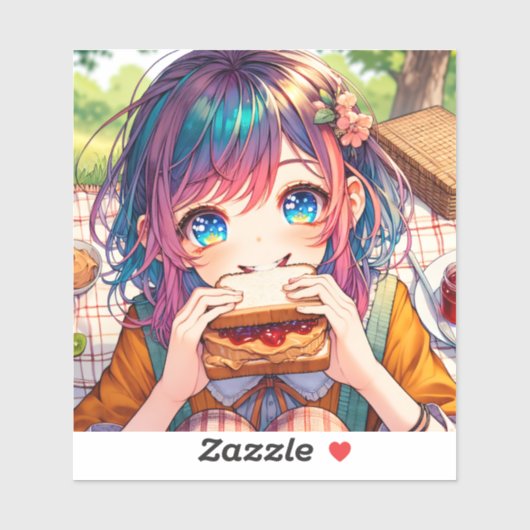 Sticker Cute Anime Girl mangeant un beurre d'arachide et g (Feuille)